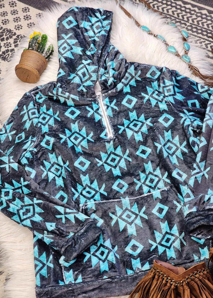 Black & Turquoise Aztec Fleece Zip Hoodie fleece hoodie The Cinchy Cowgirl (YC)   