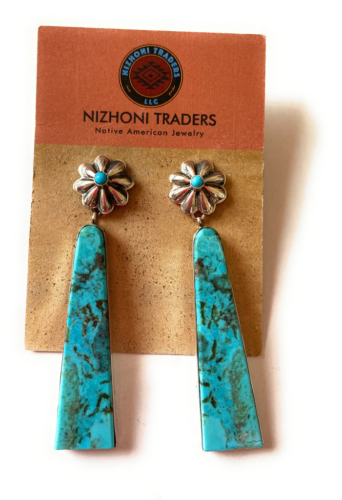 Concho Study Turquoise Slab Dangle Earrings NT jewelry Nizhoni Traders LLC   