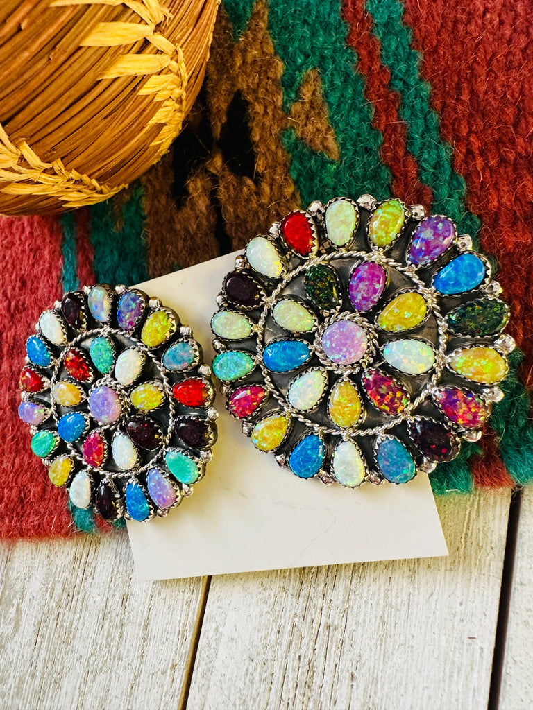 Navajo Multicolor Opal And Sterling Silver Cluster Post Earrings NT jewelry Nizhoni Traders LLC   