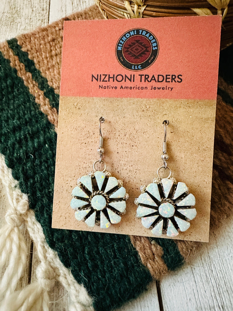 White Opal Floral Cluster Dangle Earrings NT jewelry Nizhoni Traders LLC   