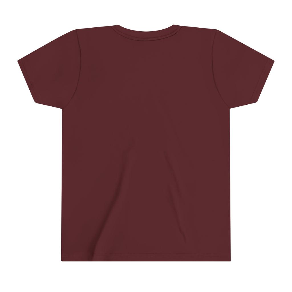 Backside of youth maroon short sleeve.