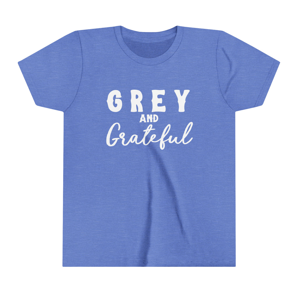 Blue youth short sleeve with white lettering reading "Grey and Grateful". 