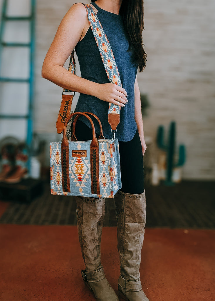 Light Blue Wrangler Southwestern Small Tote/Crossbody Handbag Crossbody Handbag Montana West   