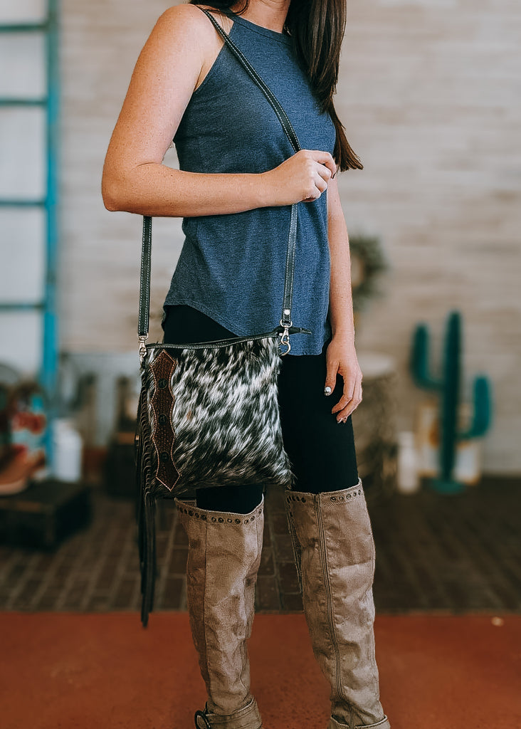Small Cowhide Side Fringe Crossbody Handbag Handbag Sorrel South   
