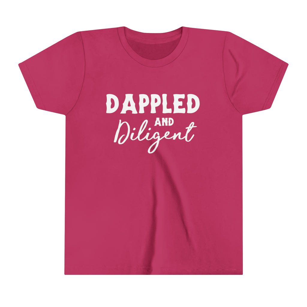 Berry youth short sleeve with white lettering reading "Dappled and Diligent". 