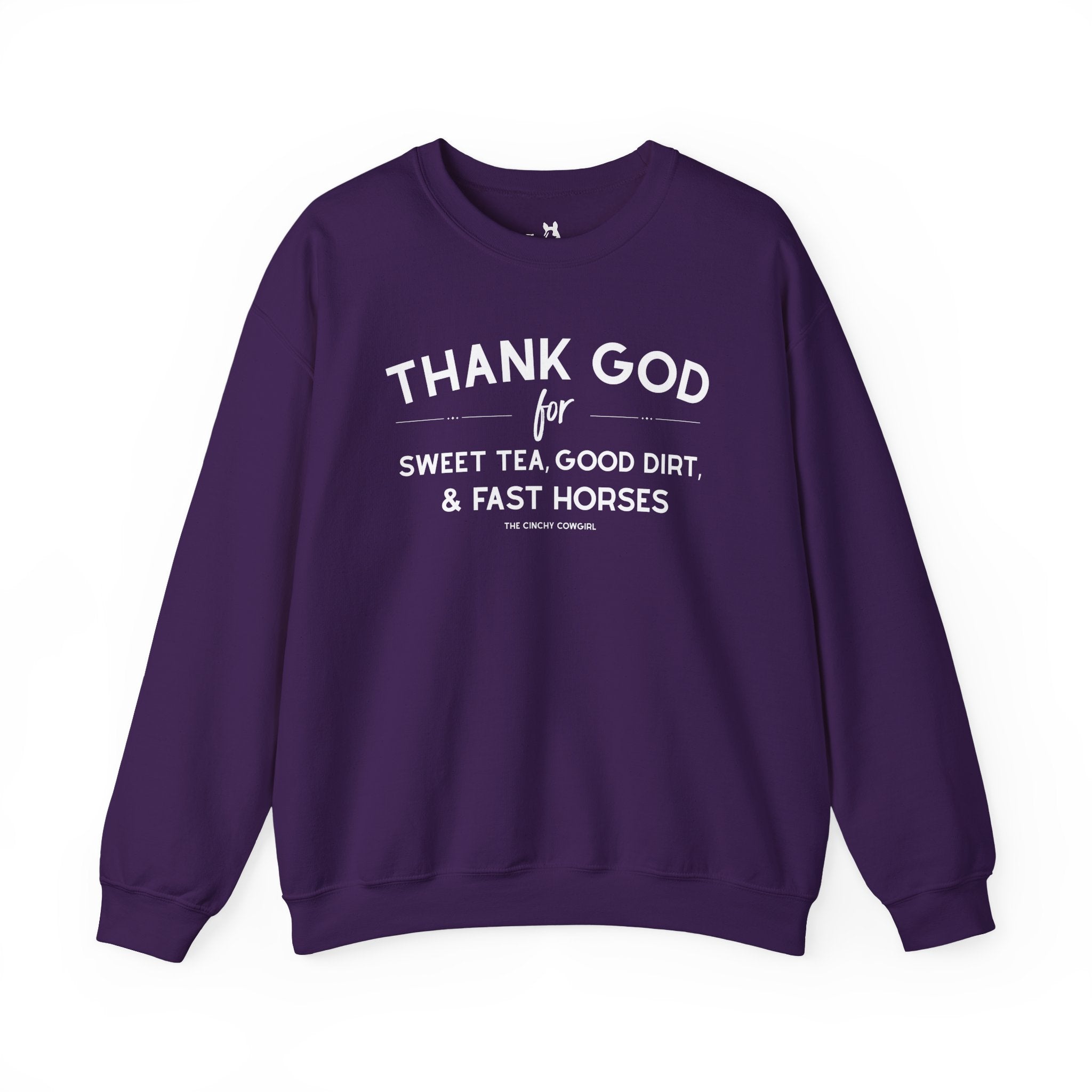 Thank God For Sweet Tea, Good Dirt, & Fast Horses Pullover Sweatshirt The Cinchy Cowgirl - Print S Purple