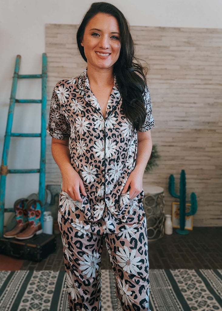 Leopard Daisy Silky Pajamas pajamas The Cinchy Cowgirl (YC)   