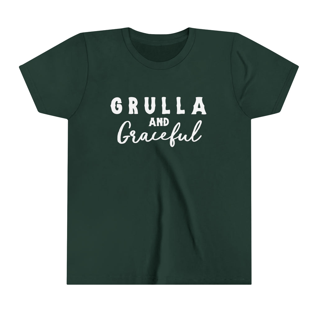 Forest youth short sleeve white white lettering reading "Grulla and Graceful". 