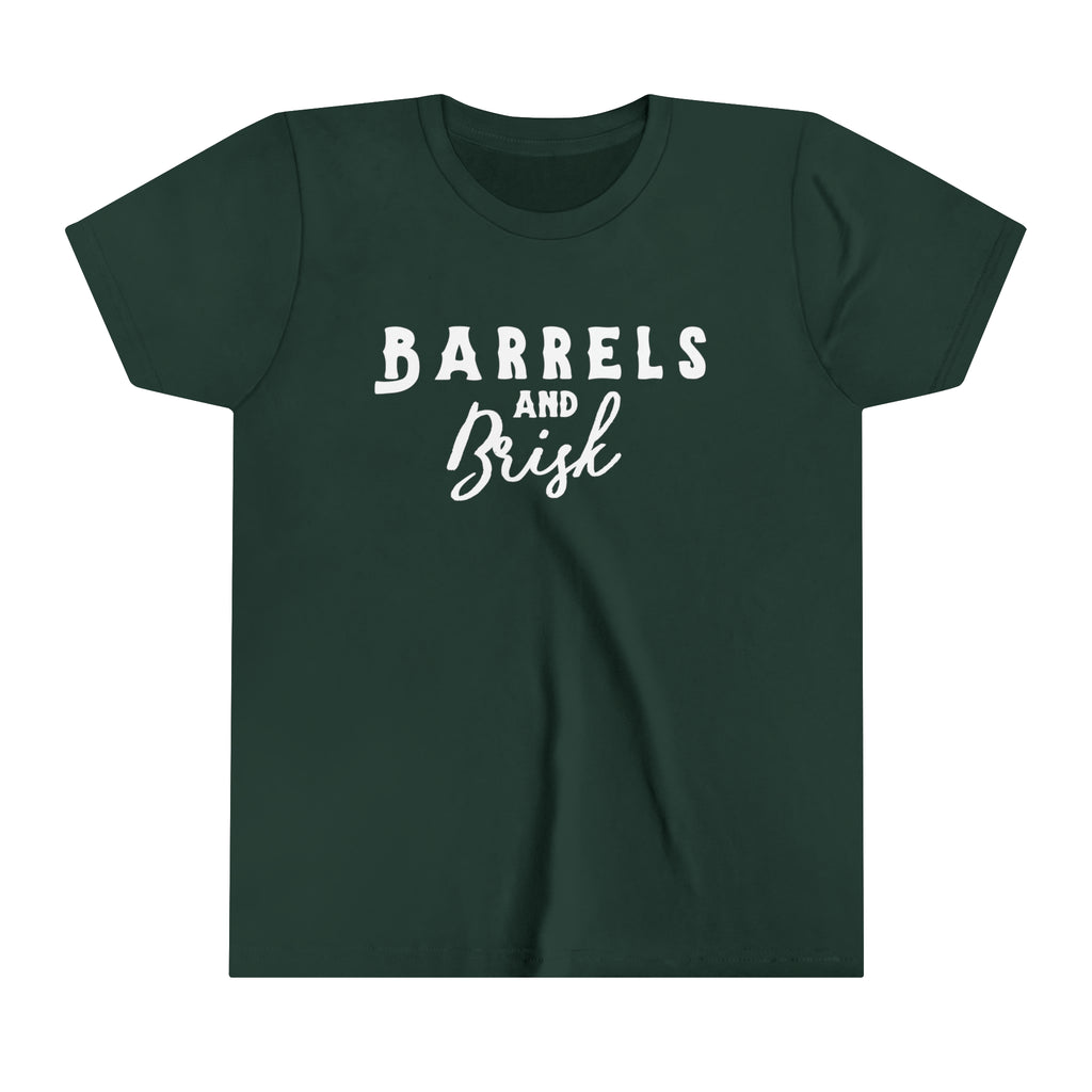 Forest youth short sleeve with white lettering reading "Barrels and Brisk".