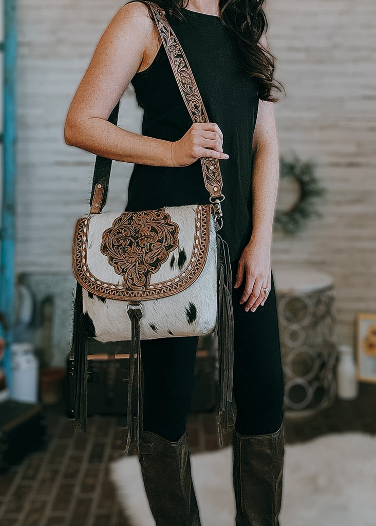 Concealed Carry Cowhide Boho & Fringe Crossbody Handbag Concealed Carry Handbag The Cinchy Cowgirl (ARY)   