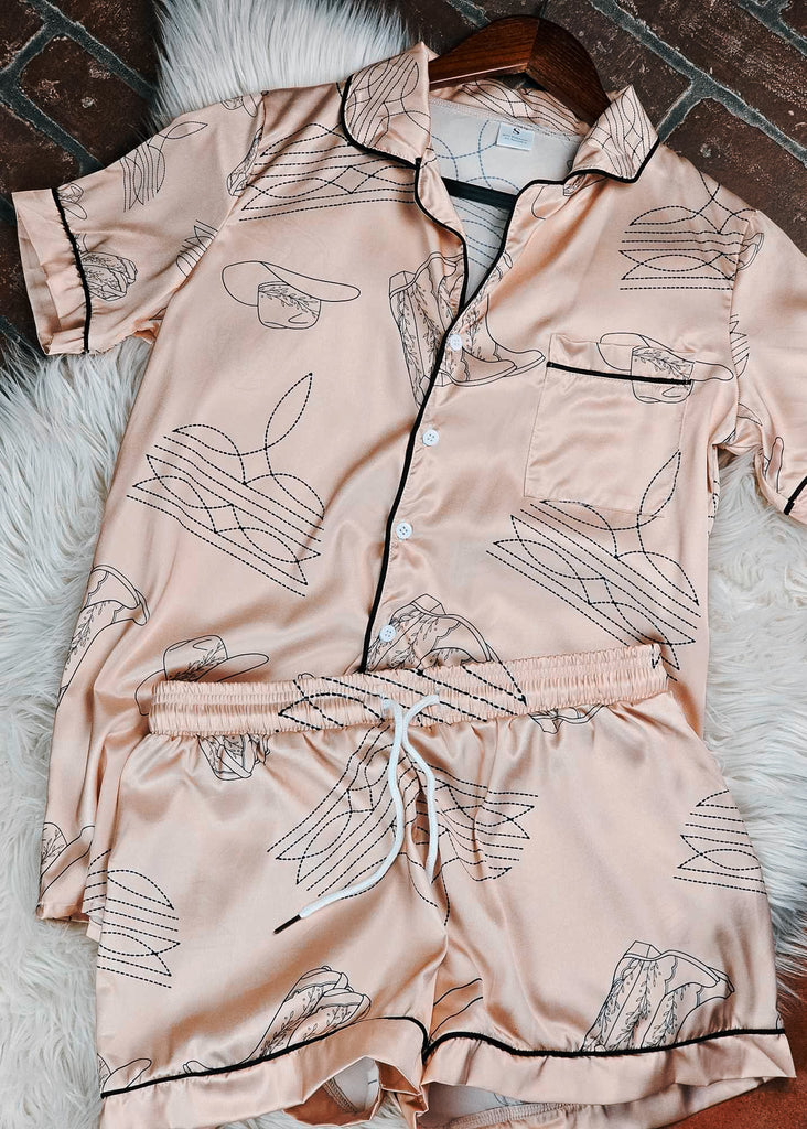 Rose Gold Boot Stitch Silky Shorts Pajamas Set pajamas The Cinchy Cowgirl (YC) S  