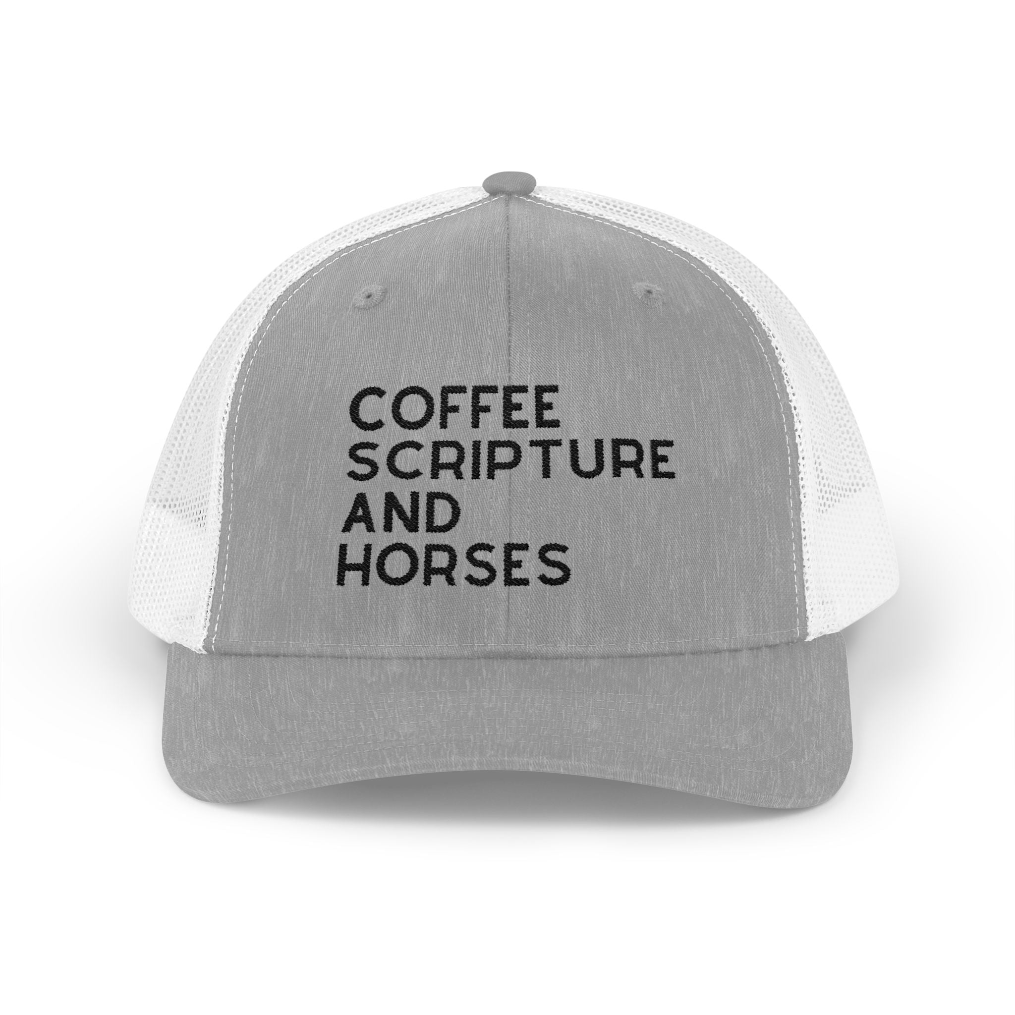 Embroidered Coffee Scripture and Horses Trucker Hat [23 Colors] Embroidered TCC Hat The Cinchy Cowgirl - Print Heather Grey / White