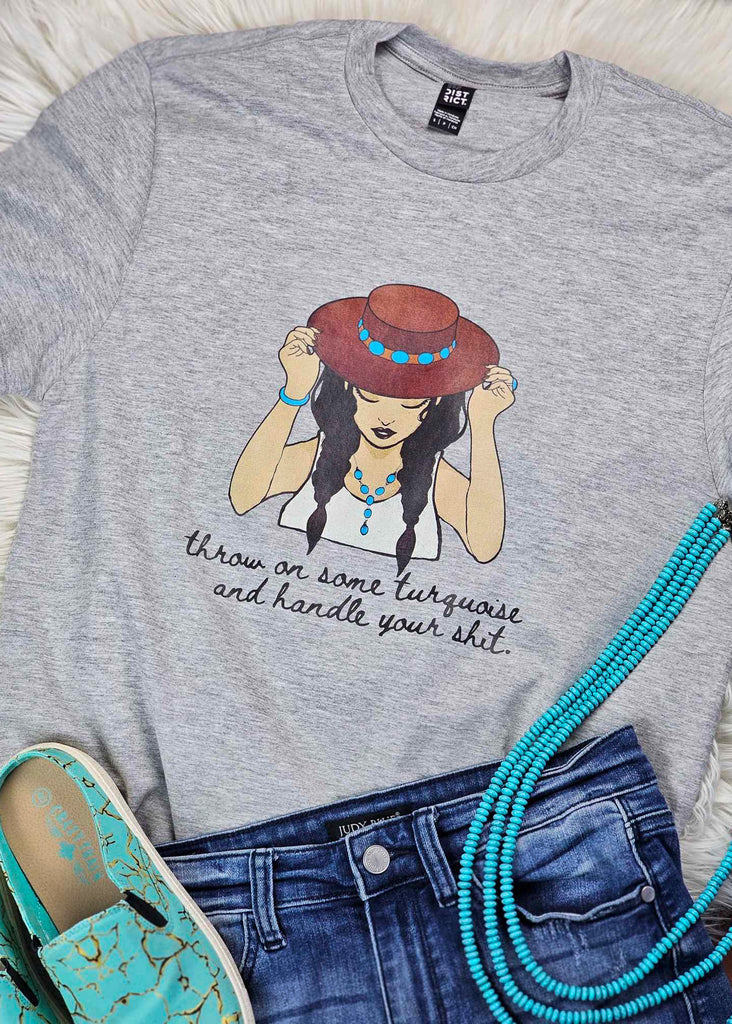 Heather Grey Throw On Some Turquoise Short Sleeve Graphic Tee tcc graphic tee The Cinchy Cowgirl   