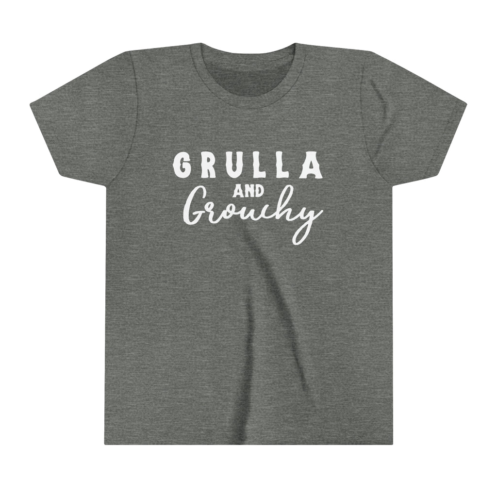 Grey youth short sleeve with white lettering reading "Grulla and Grouchy".