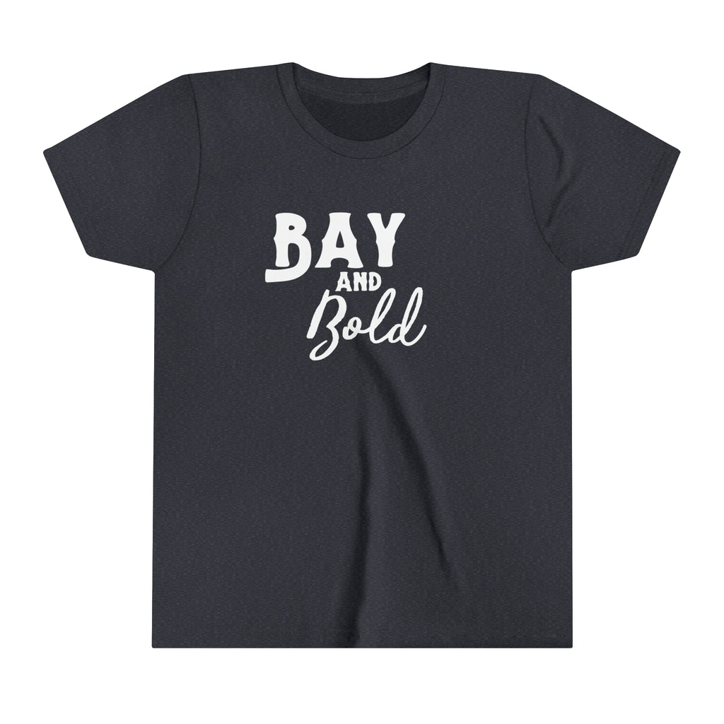navy youth short sleeve with white lettering reading "Bay and bold".