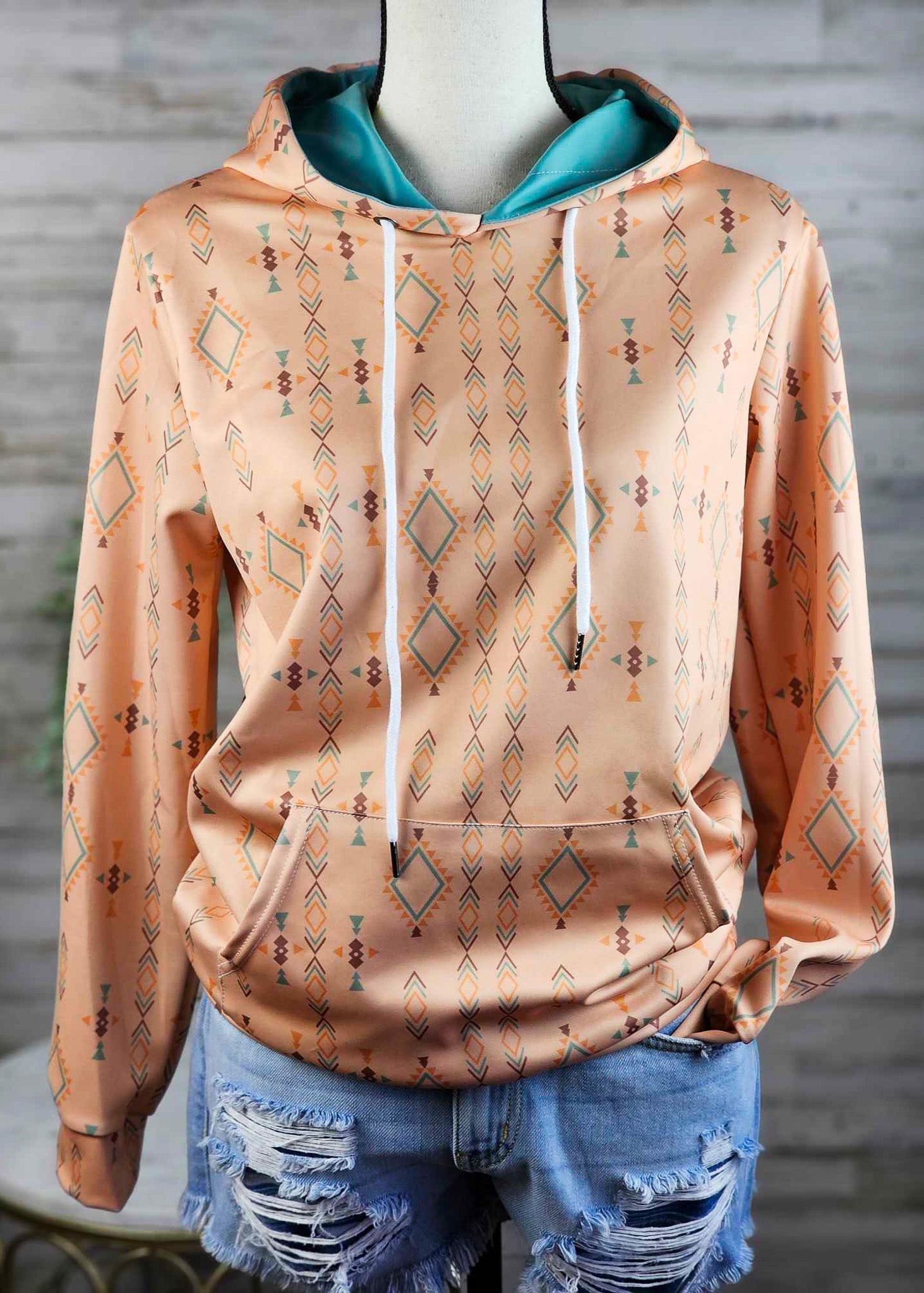 Tan & Turquoise Aztec Hoodie Women's Pullover Hoodie With Drawstring The Cinchy Cowgirl (YC)   