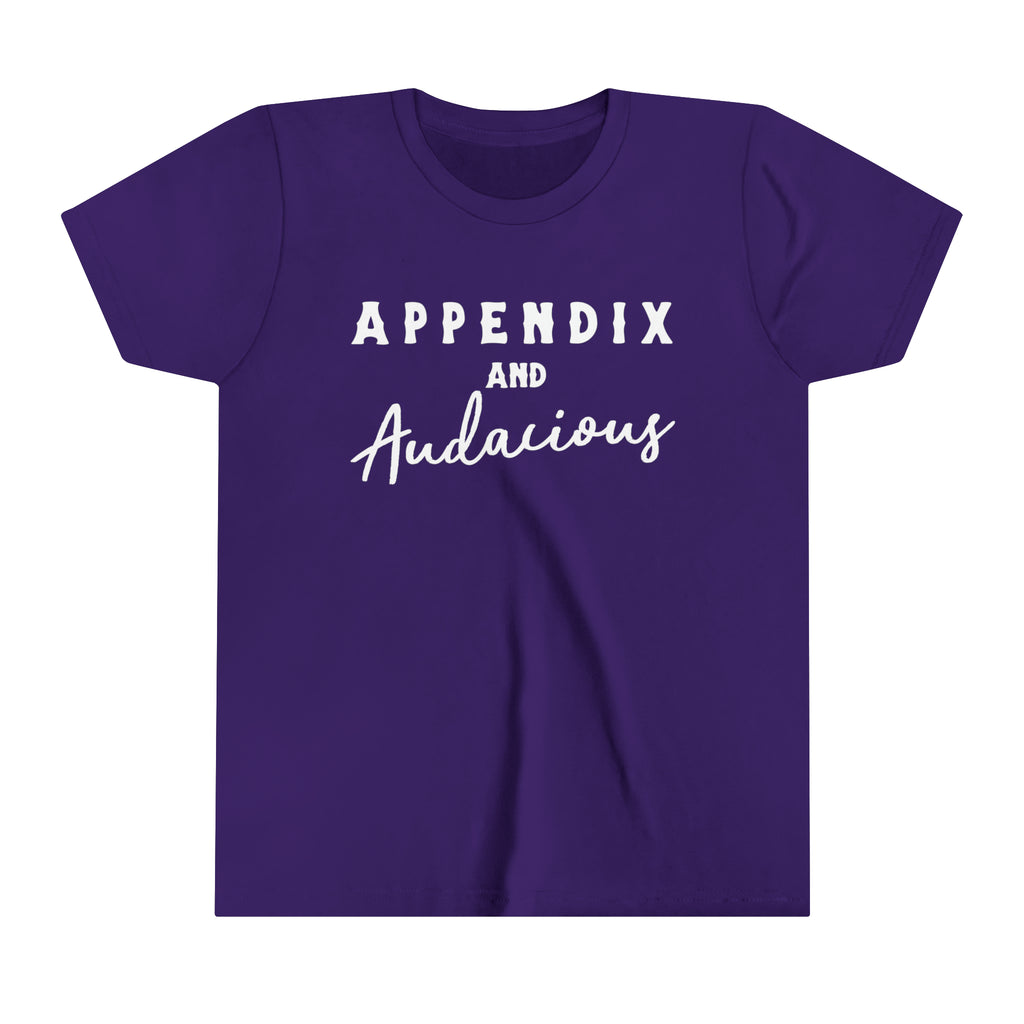 Purple youth short sleeve with white lettering that says "Appendix and Audacious". 