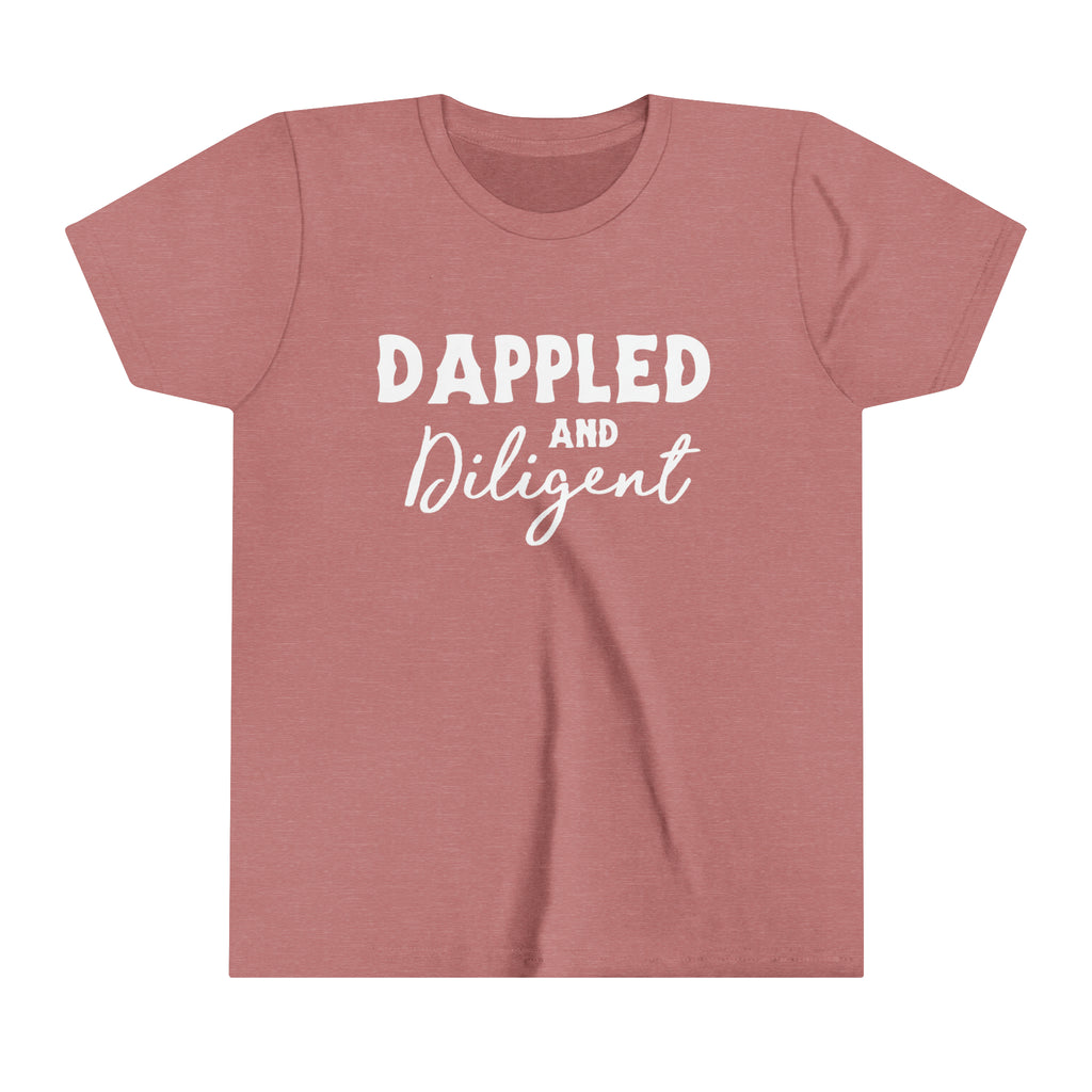 Mauve youth short sleeve with white lettering reading "Dappled and Diligent". 