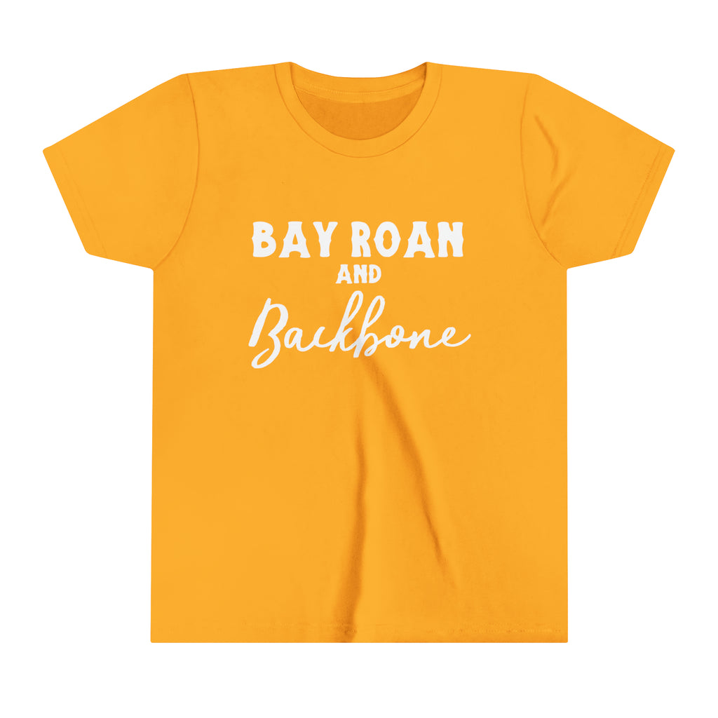 Gold youth short sleeve with white lettering reading "Bay Roan and Backbone". 