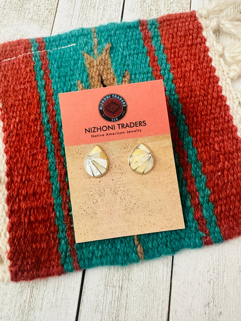Zuni Mother of Pearl & Sterling Silver Inlay Teardrop Earrings NT jewelry Nizhoni Traders LLC   