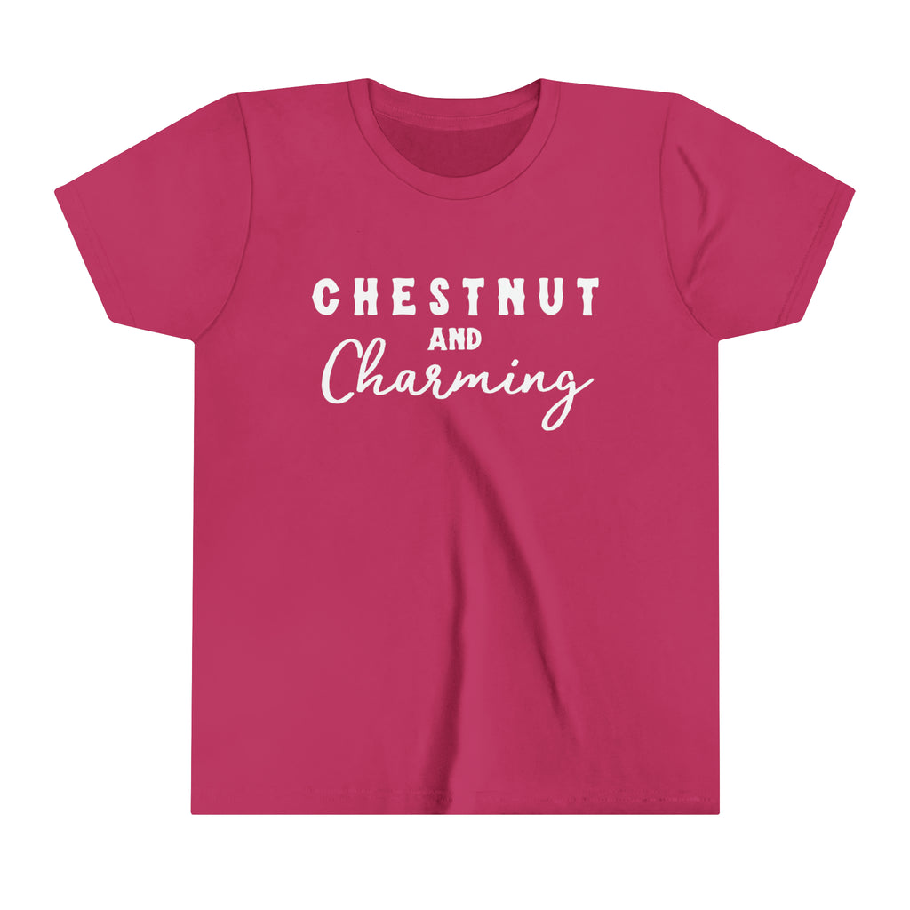 Berry youth short sleeve with white lettering reading "Chestnut and Charming". 