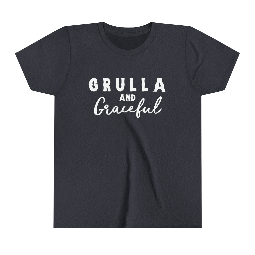 Navy youth short sleeve white white lettering reading "Grulla and Graceful". 