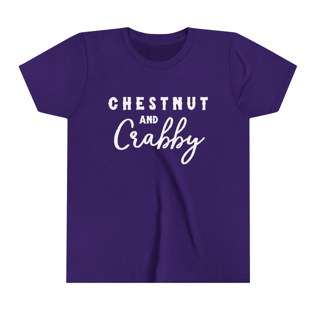 Purple youth short sleeve with white lettering reading "Chestnut and Crabby".