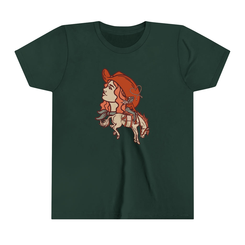 Forest youth short sleeve with a cowgirl printed design and bronc horse with a cowgirl showing a cowgirl's personality. 