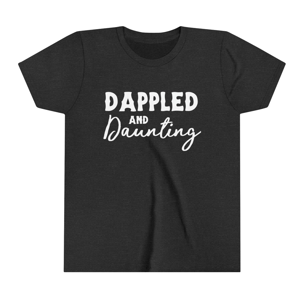 Dark grey youth short sleeve with white lettering reading "Dappled and Daunting". 