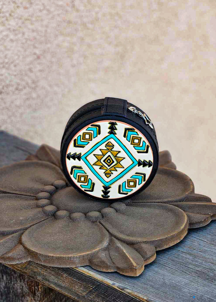 Western Tooled Leather Travel Jewelry Box – Aztec Blue Tortoise