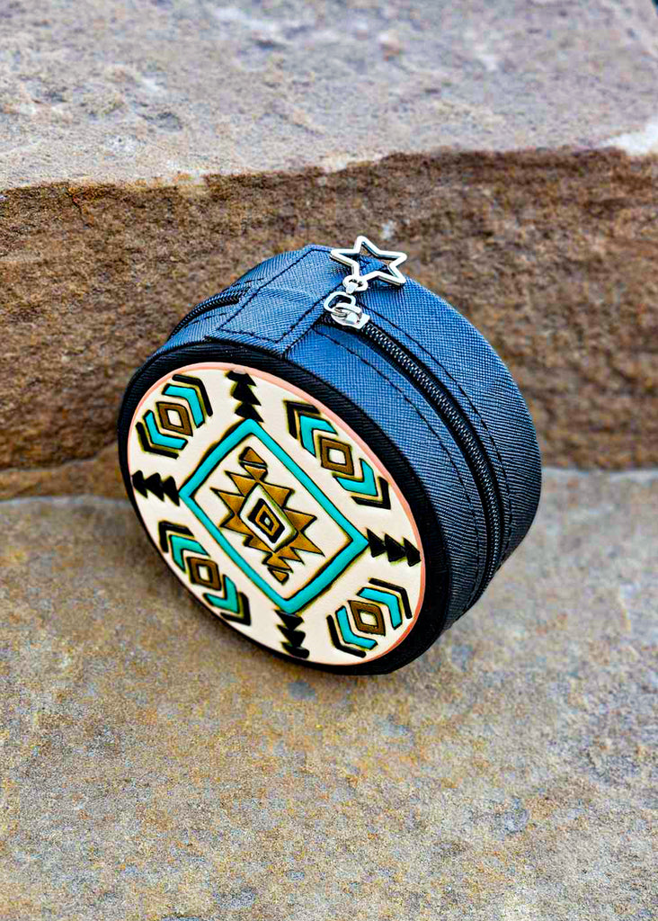 Western Tooled Leather Travel Jewelry Box – Aztec Blue Tortoise