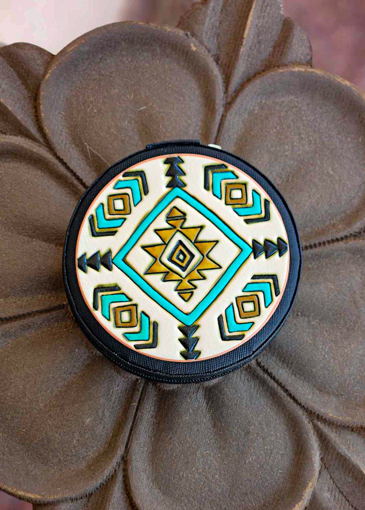 Western Tooled Leather Travel Jewelry Box – Aztec Blue Tortoise