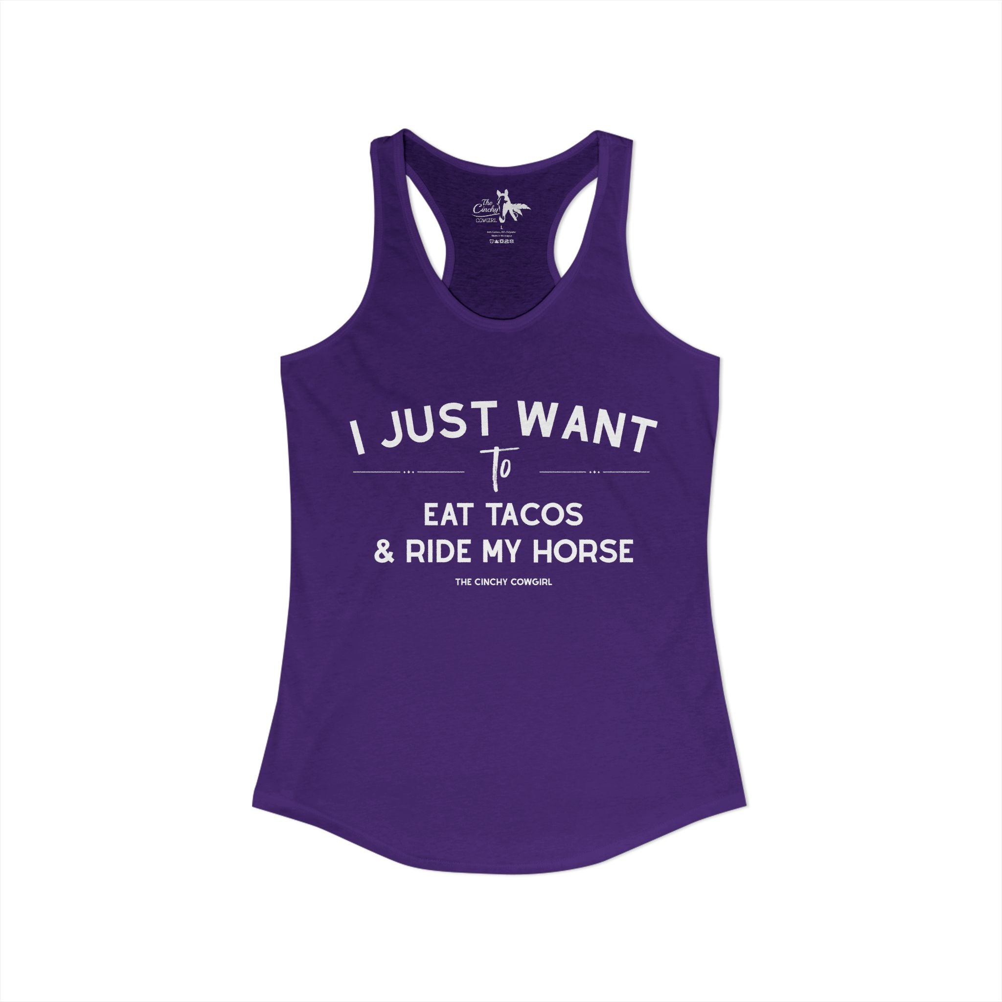 I Just Want To Eat Tacos And Ride My Horse Tank Top Tank Top The Cinchy Cowgirl - Print XS Solid Purple Rush
