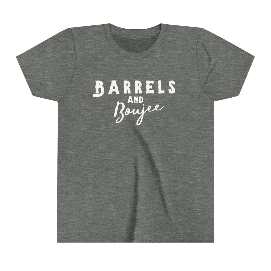 Grey youth short sleeve with white lettering reading "Barrels and Boujee".