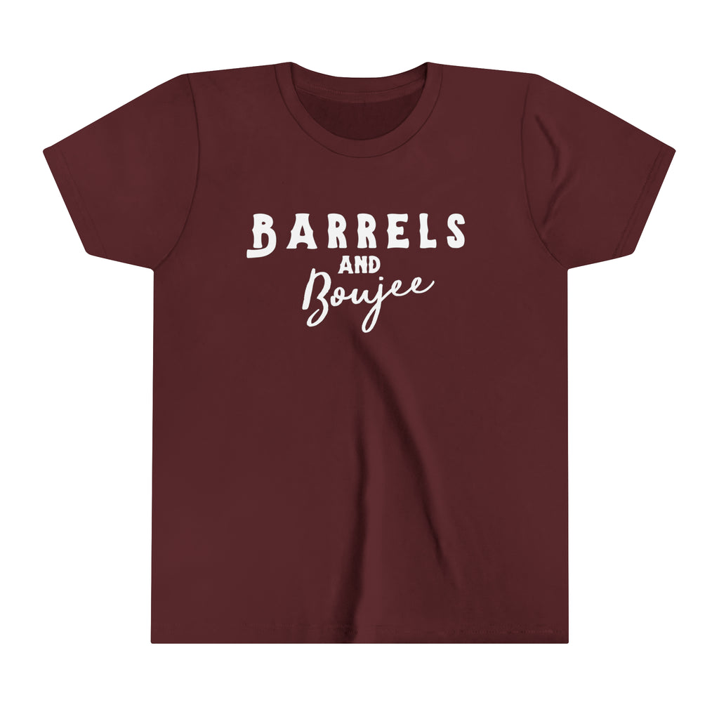 maroon youth short sleeve with white lettering reading "Barrels and Boujee".