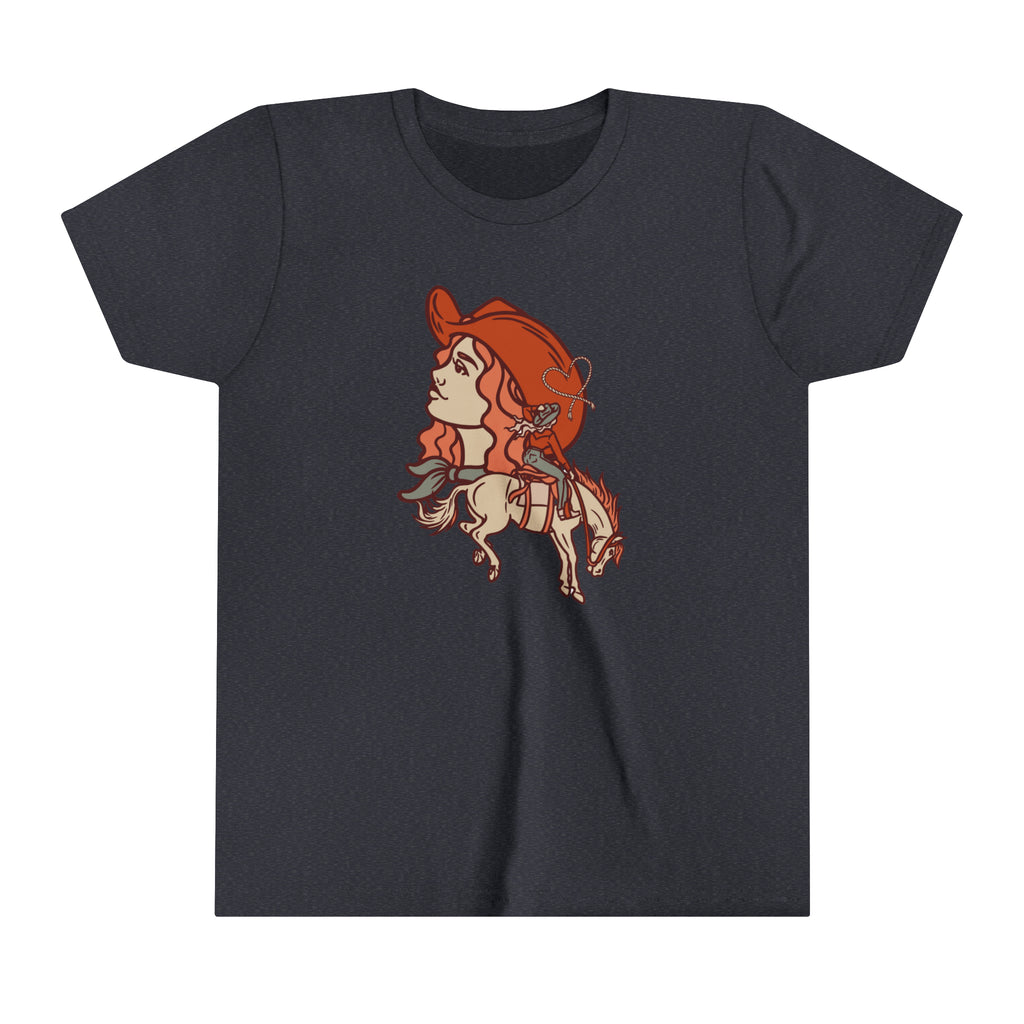 Navy youth short sleeve with a cowgirl printed design and bronc horse with a cowgirl showing a cowgirl's personality. 