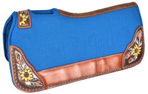 Turquoise Felt Hand Painted Sunflower & Feather Saddle Pad western saddle pad Shiloh   