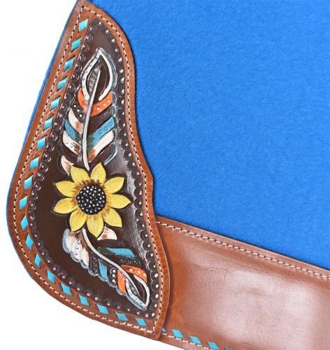 Turquoise Felt Hand Painted Sunflower & Feather Saddle Pad western saddle pad Shiloh   