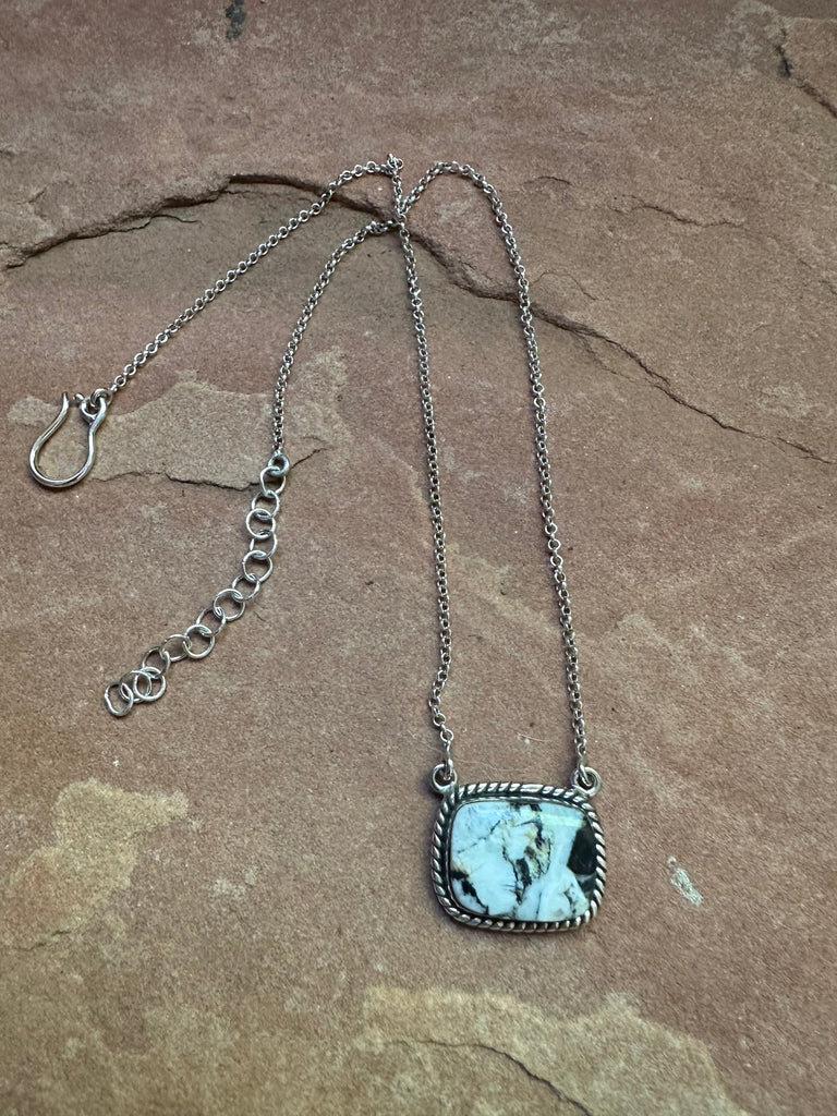 Handmade Sterling Silver & White Buffalo Square Necklace Jewelry & Watches:Ethnic, Regional & Tribal:Necklaces & Pendants Nizhoni Traders LLC   