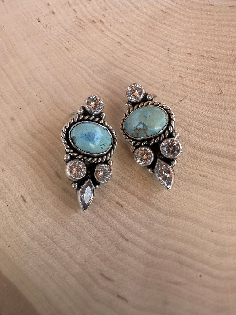 Handmade Golden Hills Turquoise, CZ and Sterling Silver Post Earrings NT jewelry Nizhoni Traders LLC   