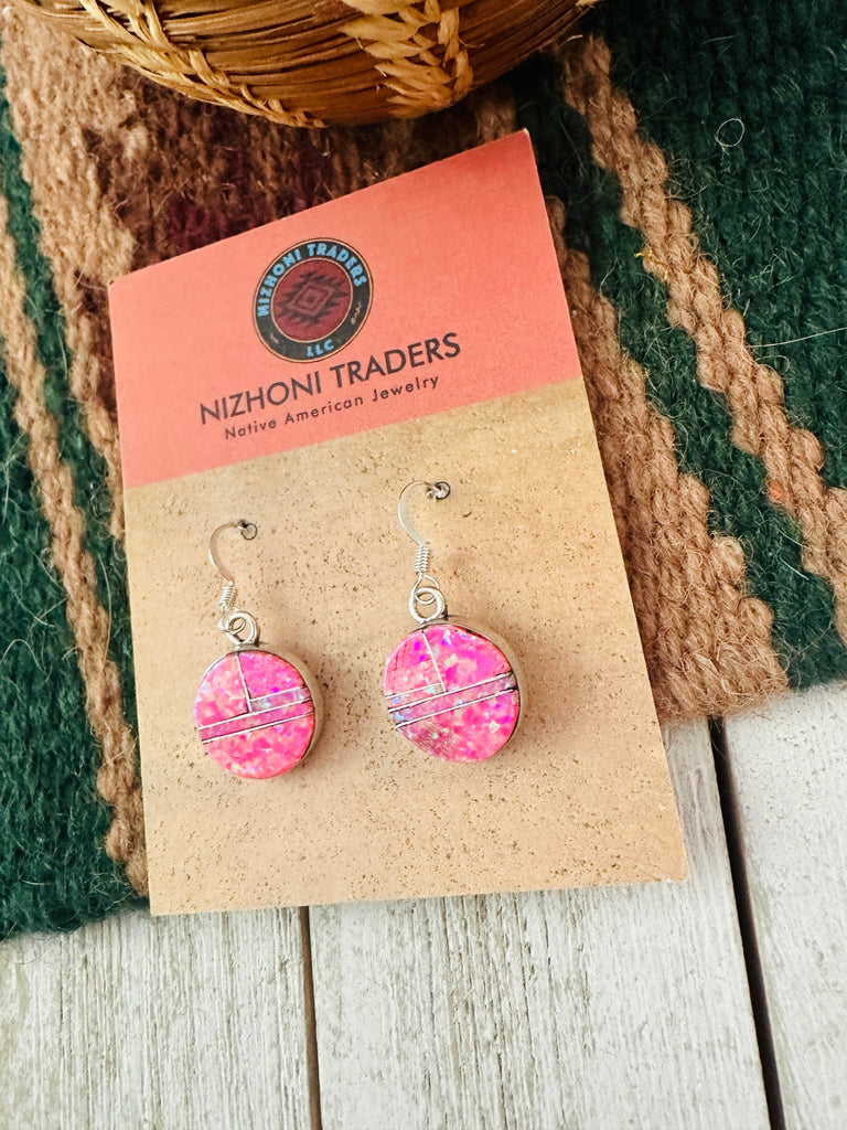 Navajo Pink Opal & Sterling Silver Inlay Dangle Earrings NT jewelry Nizhoni Traders LLC   