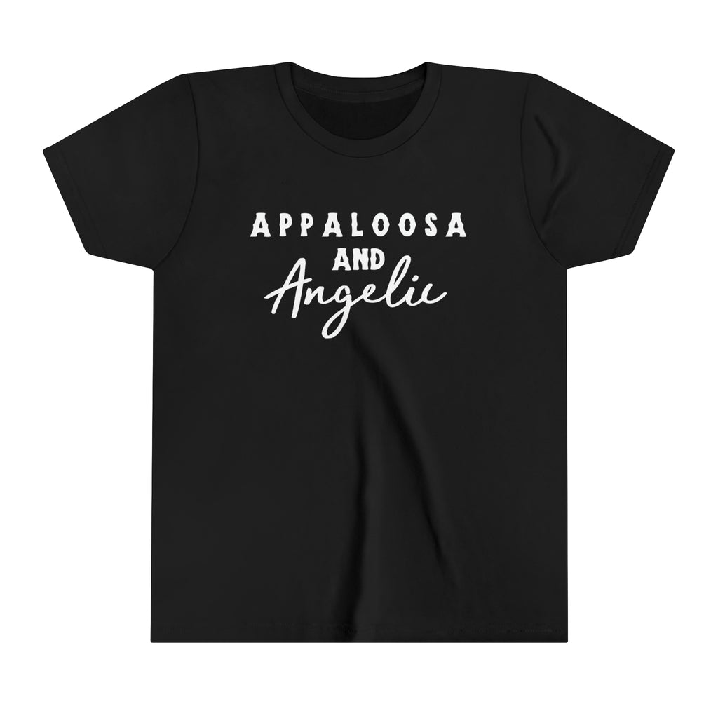 Western black youth short sleeve with white lettering that reads "Appaloosa & Angelic".
