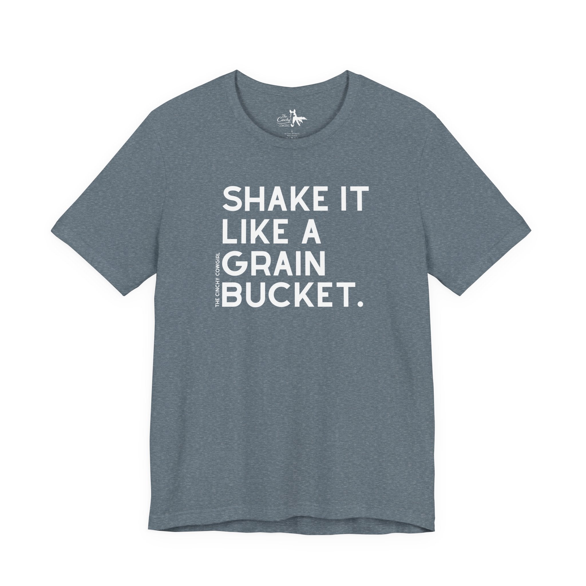 Shake It Like A Grain Bucket Short Sleeve Tee Graphic Tee The Cinchy Cowgirl - Print Heather Slate XS