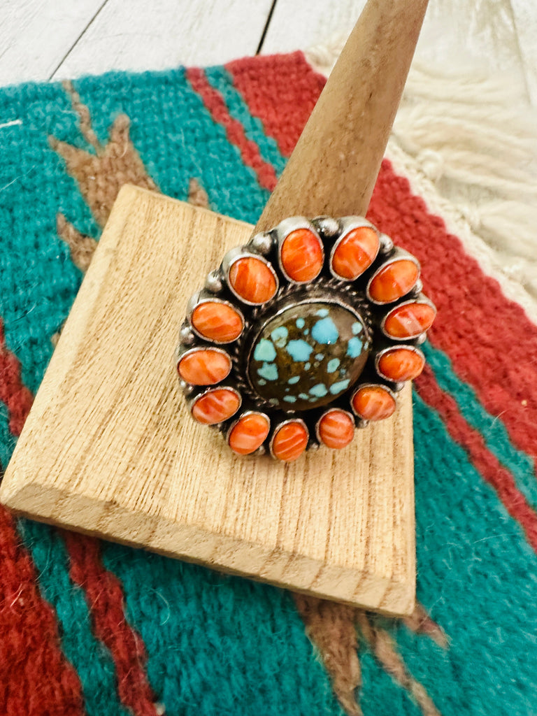 Navajo Sterling Silver, Orange Spiny & Turquoise Cluster Adjustable Ring NT jewelry Nizhoni Traders LLC   