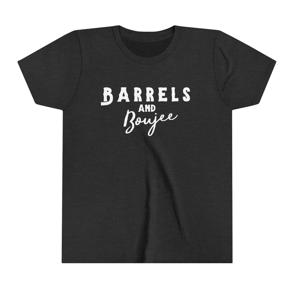 Dark grey youth short sleeve with white lettering reading "Barrels and Boujee".