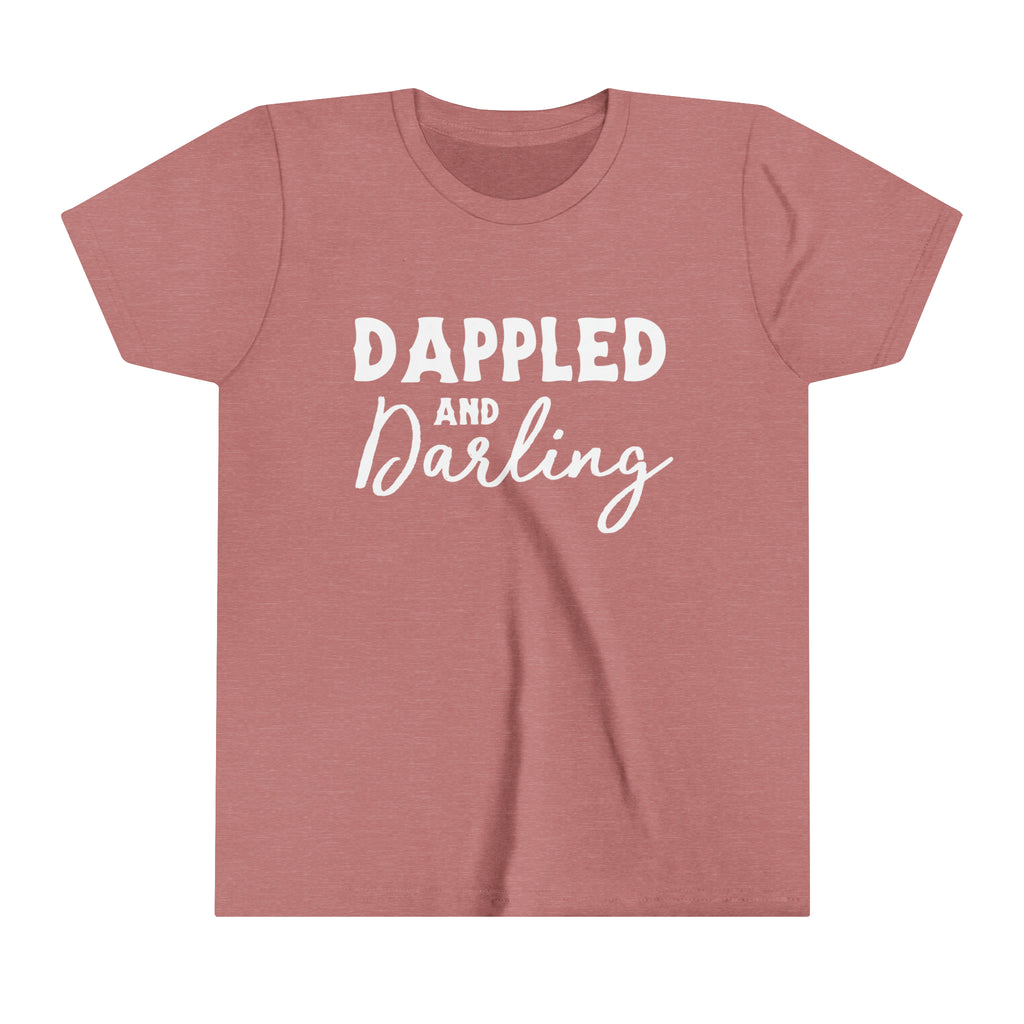 Mauve youth short sleeve with white lettering reading "Dappled and Darling". 