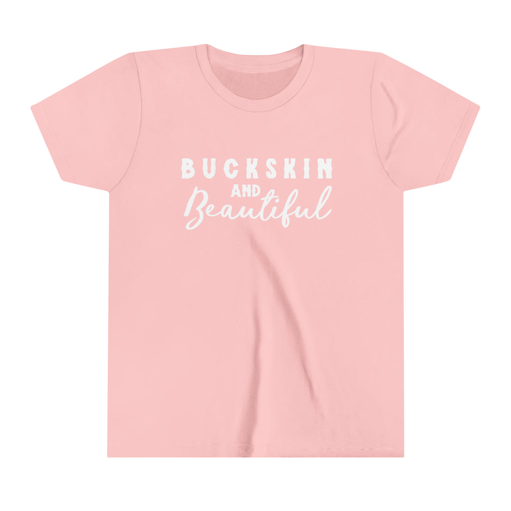 Pink youth short sleeve with white lettering reading "Buckskin and Beautiful".