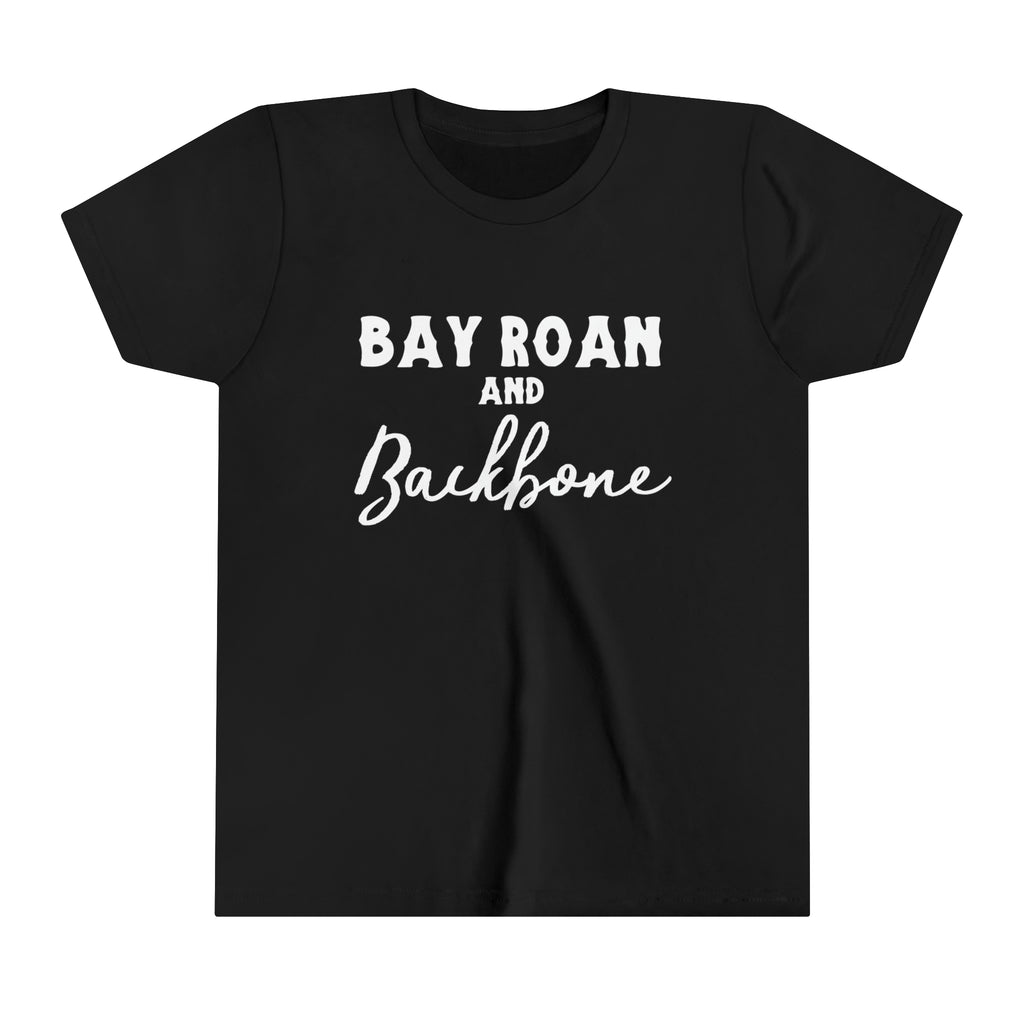 Black youth short sleeve with white lettering reading "Bay Roan and Backbone". 