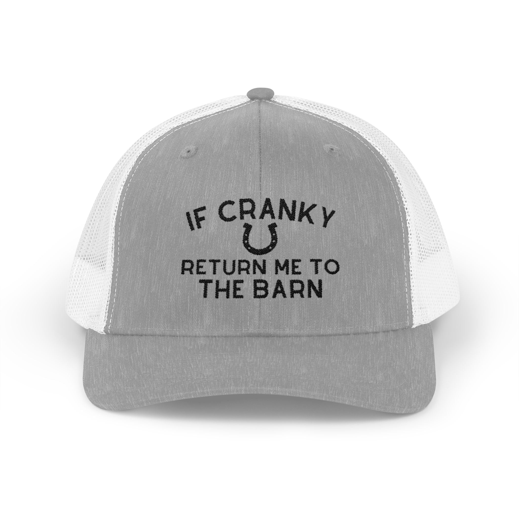 If Cranky Return Me To The Barn Trucker Hat Embroidered TCC Hat The Cinchy Cowgirl - Print Heather Grey / White