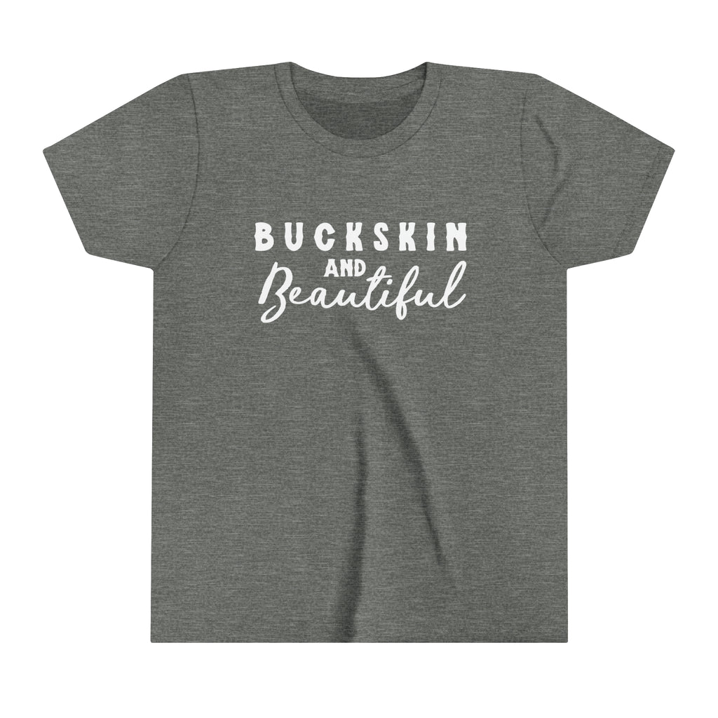 Grey youth short sleeve with white lettering reading "Buckskin and Beautiful".